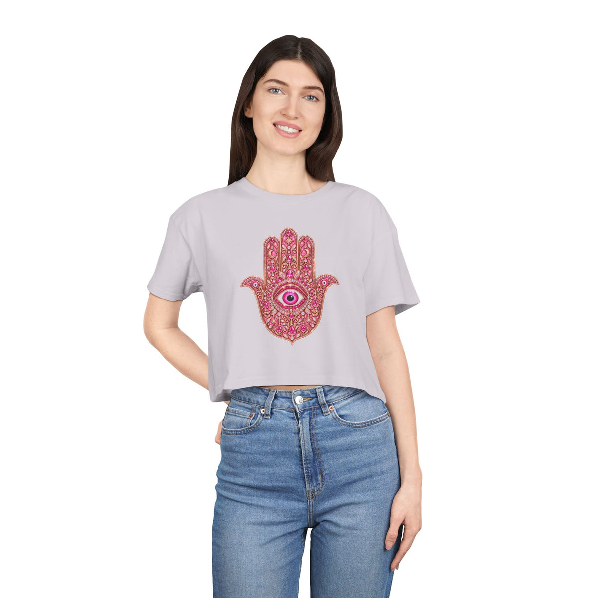 Women's Hamsa Hand Crop Tee – Pink Evil Eye Protection