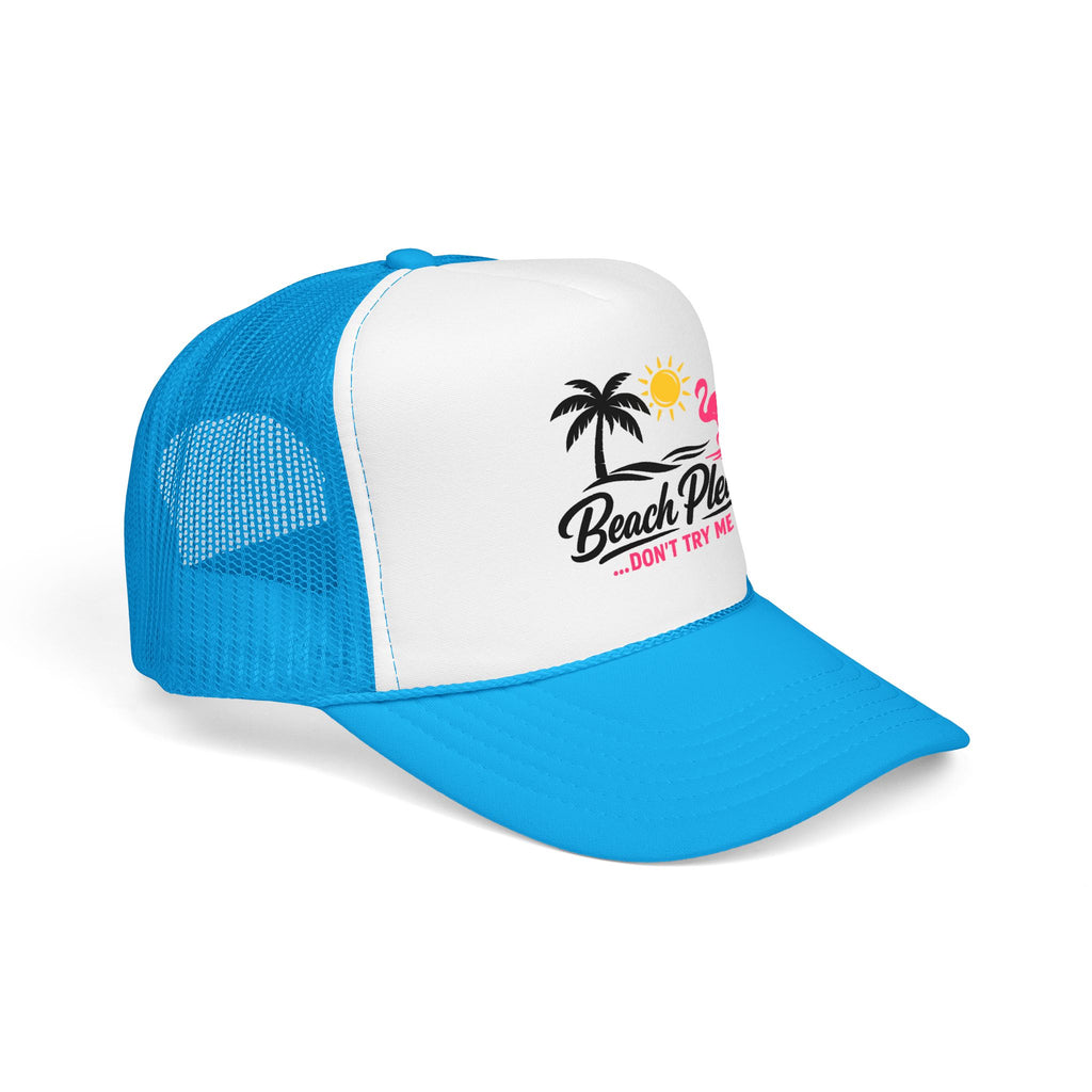 Beach Please Trucker Hat — "Don't Try Me" Tropical Flamingo Cap