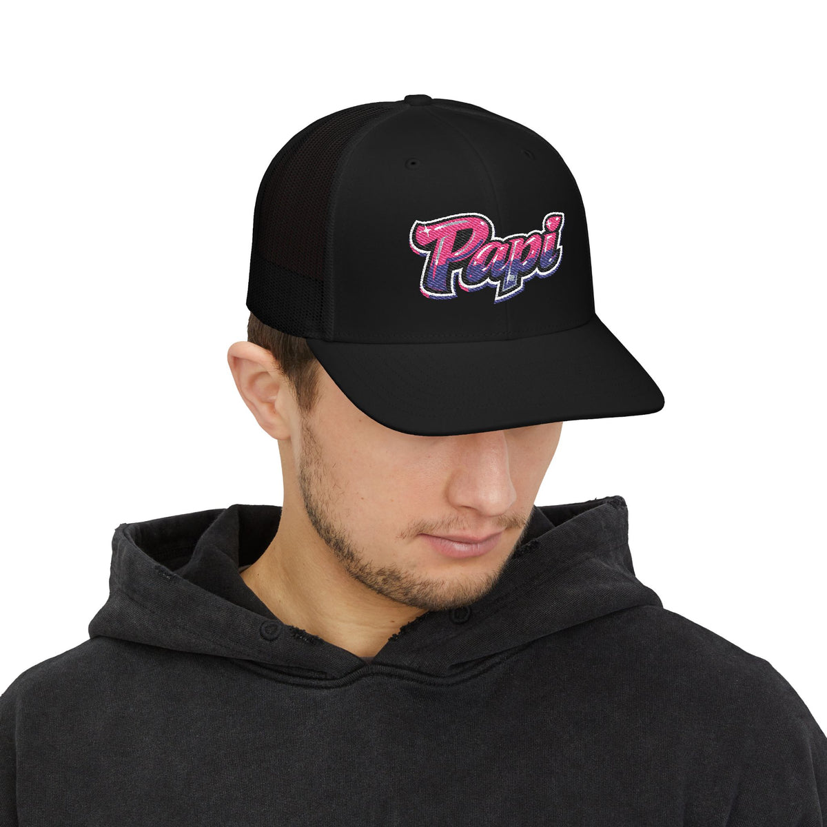 Papi Trucker Cap — Vintage Pink Script Snapback