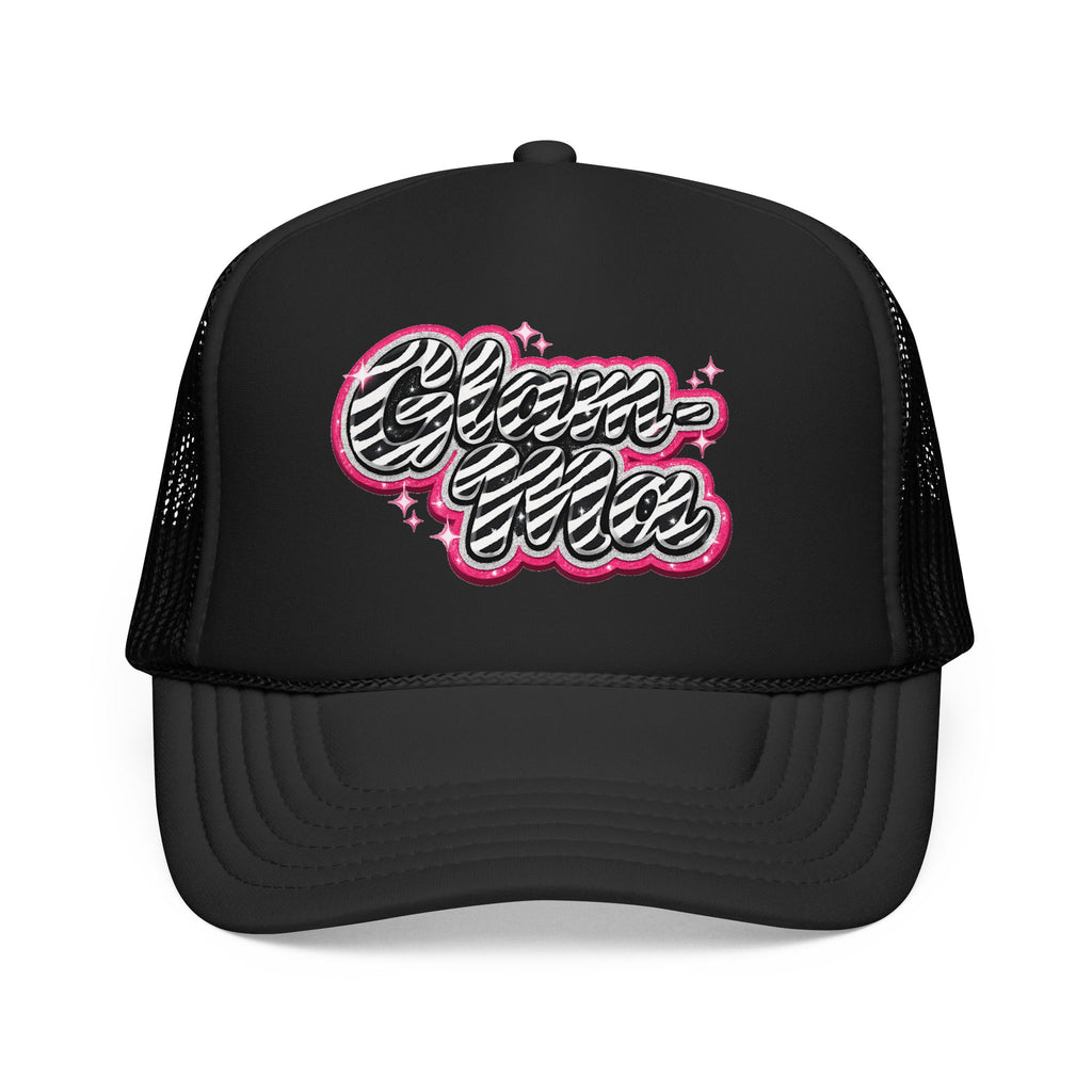 Zebra Script Foam Trucker Hat — Retro Pink Glitter "Glam Vibes" Cap