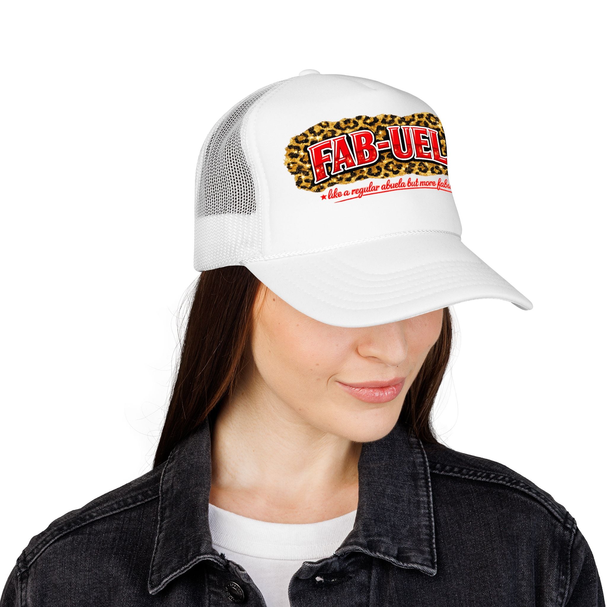 Fab-Uela Leopard Foam Trucker Hat — Funny Grandma Gift, Retro Leopard Print Trucker Cap
