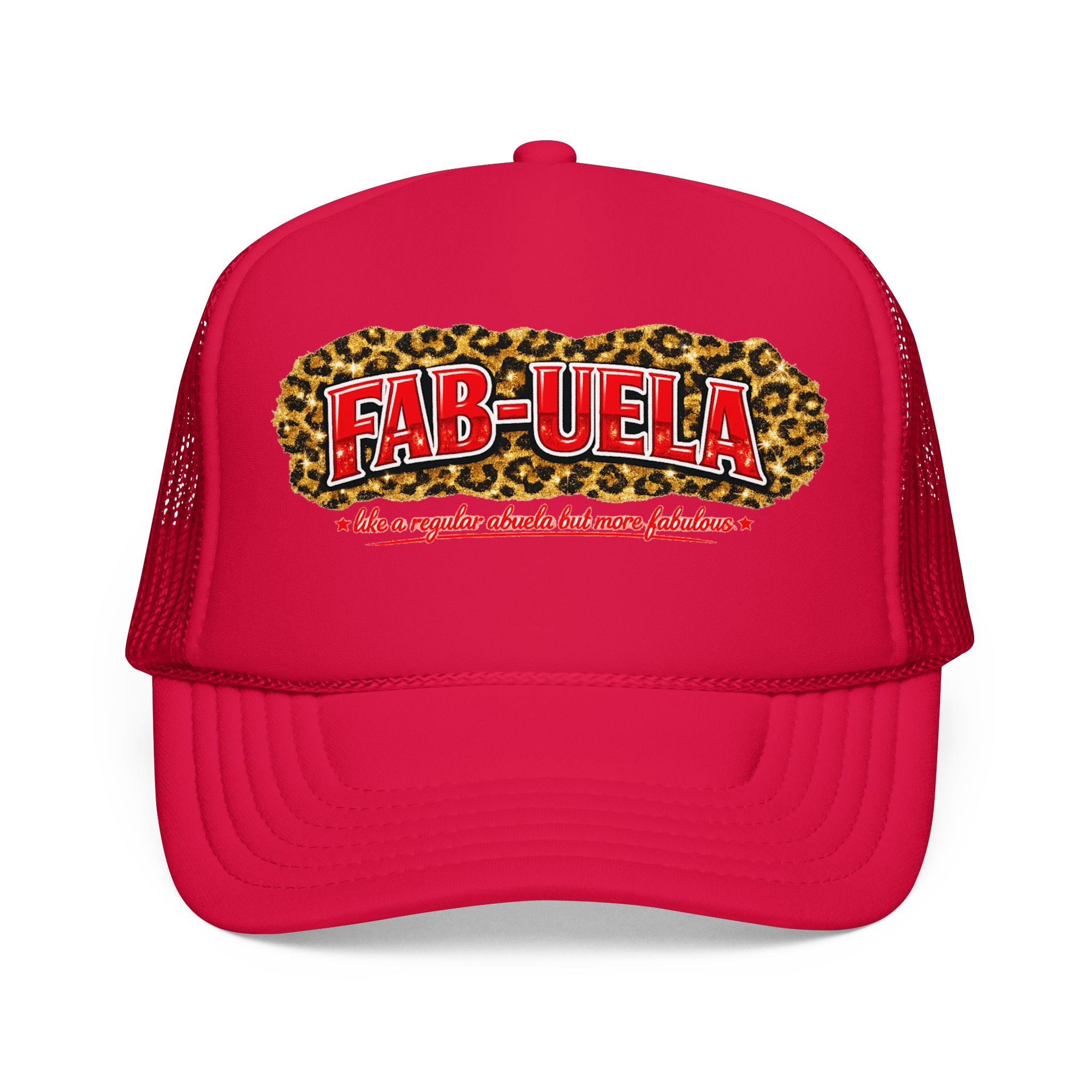 Fab-Uela Leopard Foam Trucker Hat — Funny Grandma Gift, Retro Leopard Print Trucker Cap