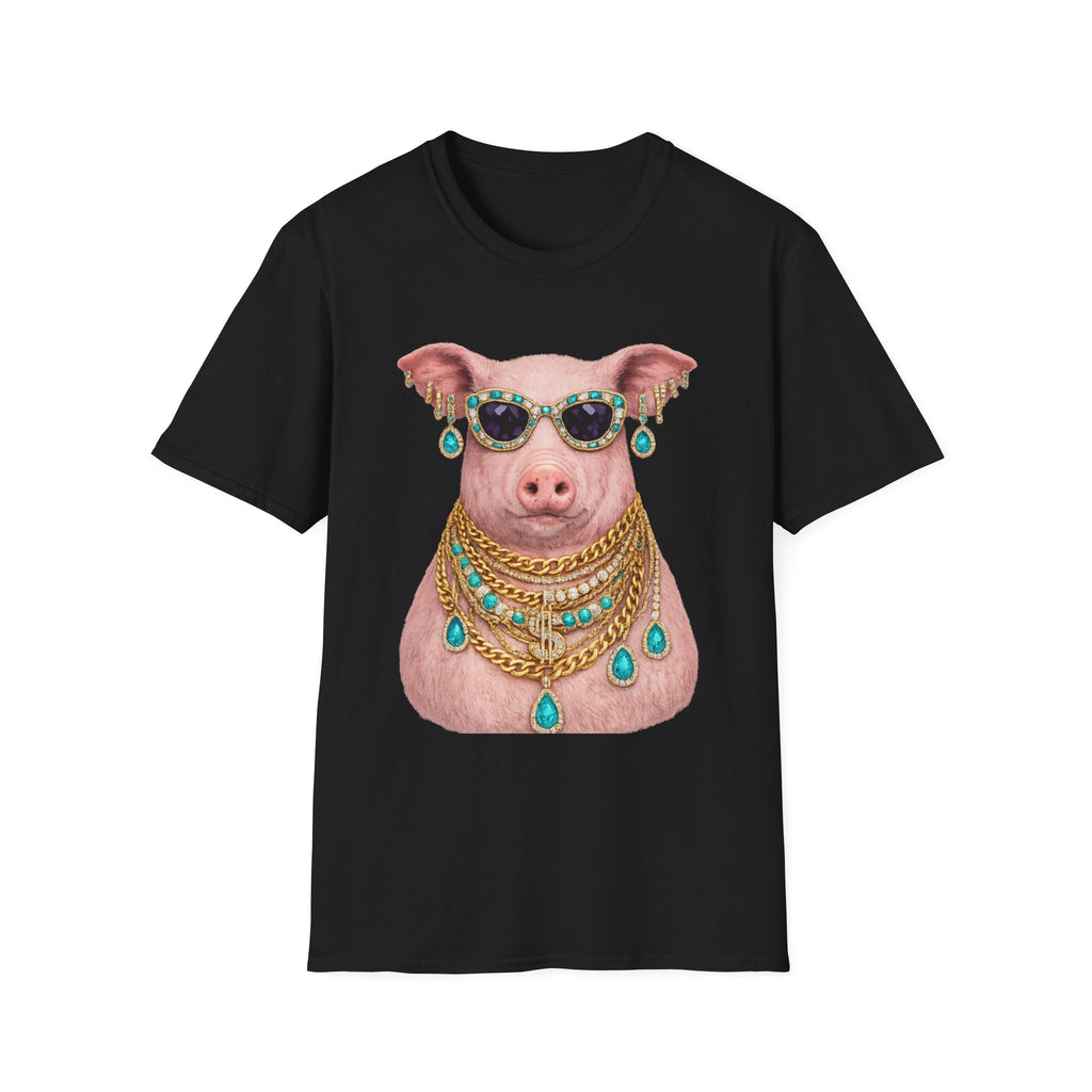 Pig with Sunglasses & Jewelry T-Shirt — Glamorous Bling Pig Tee