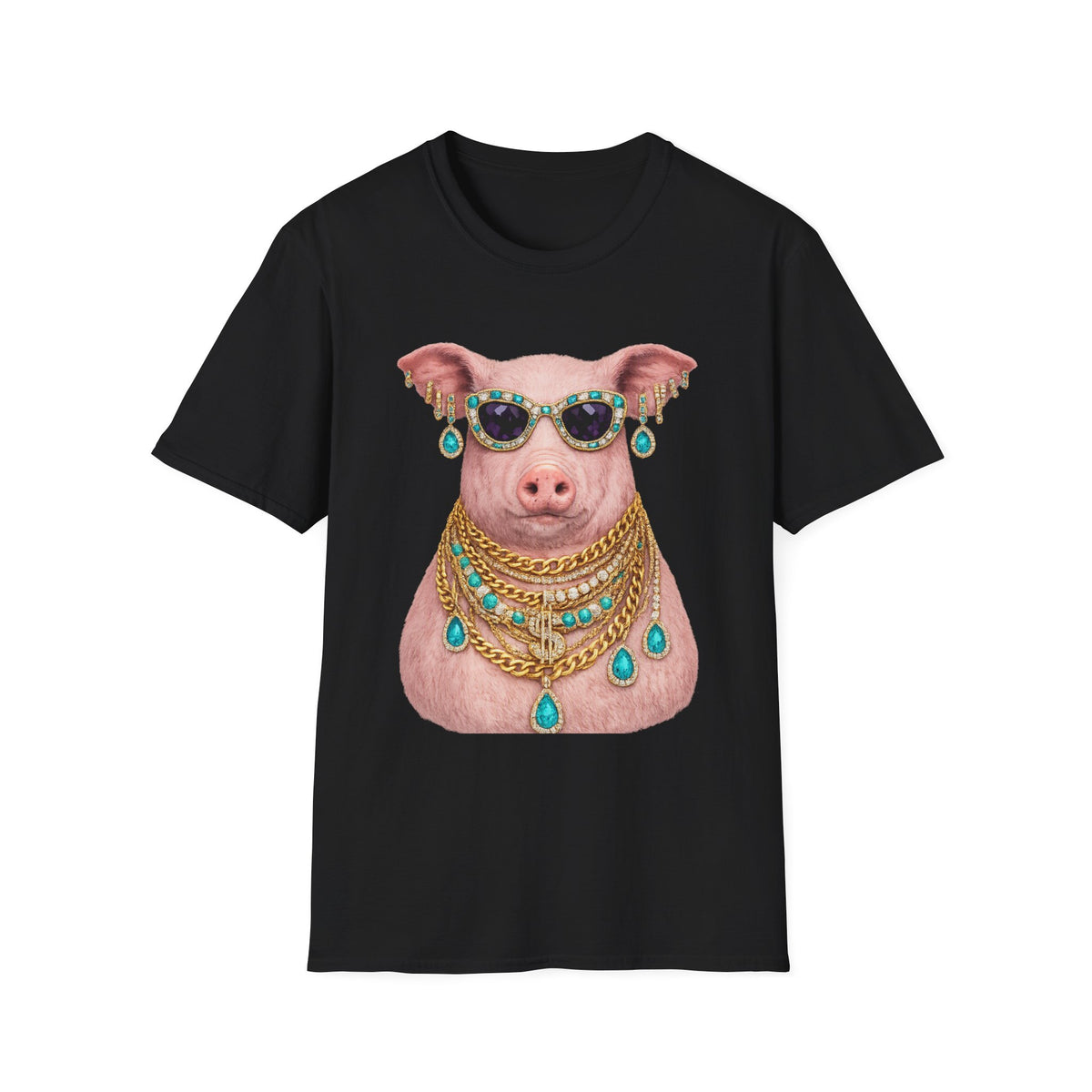 Pig with Sunglasses & Jewelry T-Shirt — Glamorous Bling Pig Tee