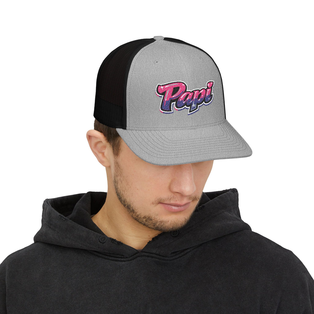 Papi Trucker Cap — Vintage Pink Script Snapback