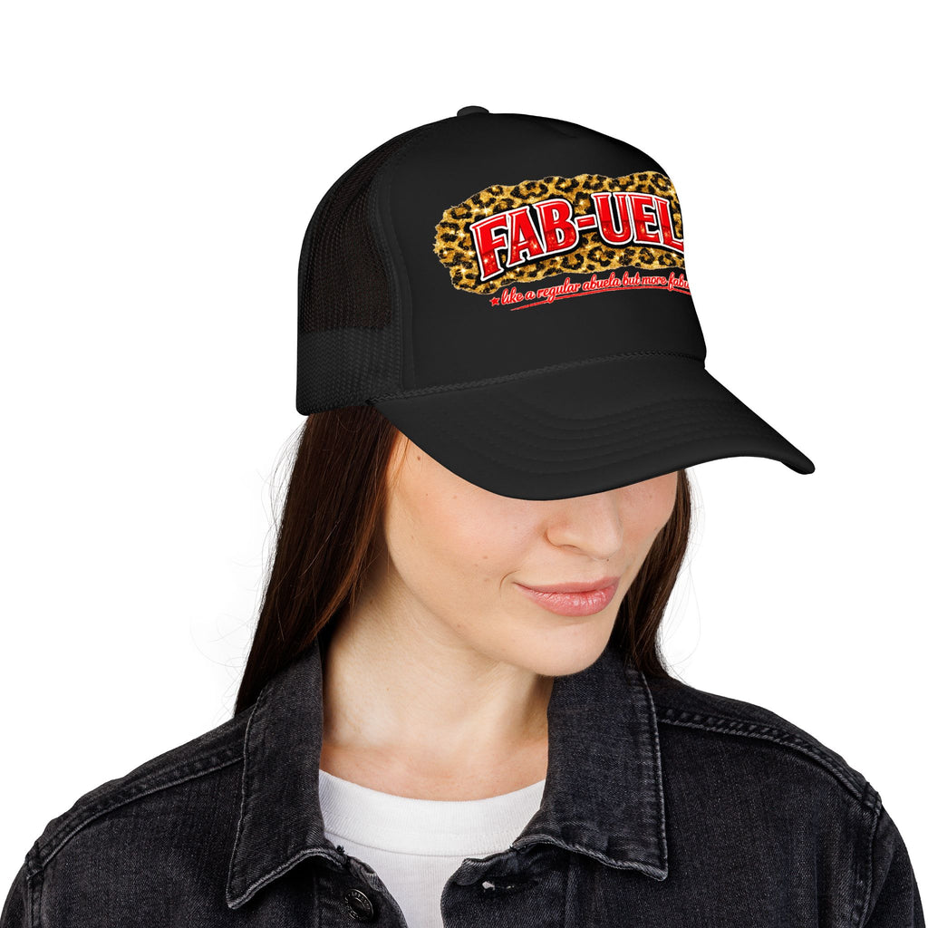 Fab-Uela Leopard Foam Trucker Hat — Funny Grandma Gift, Retro Leopard Print Trucker Cap