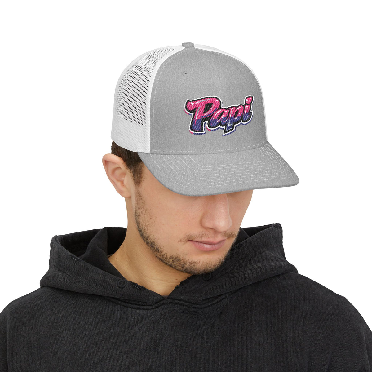 Papi Trucker Cap — Vintage Pink Script Snapback