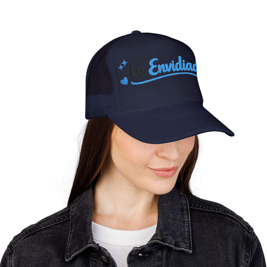 Emocionada Script Trucker Hat — Blue Glitter "La Envidiada" Foam Cap