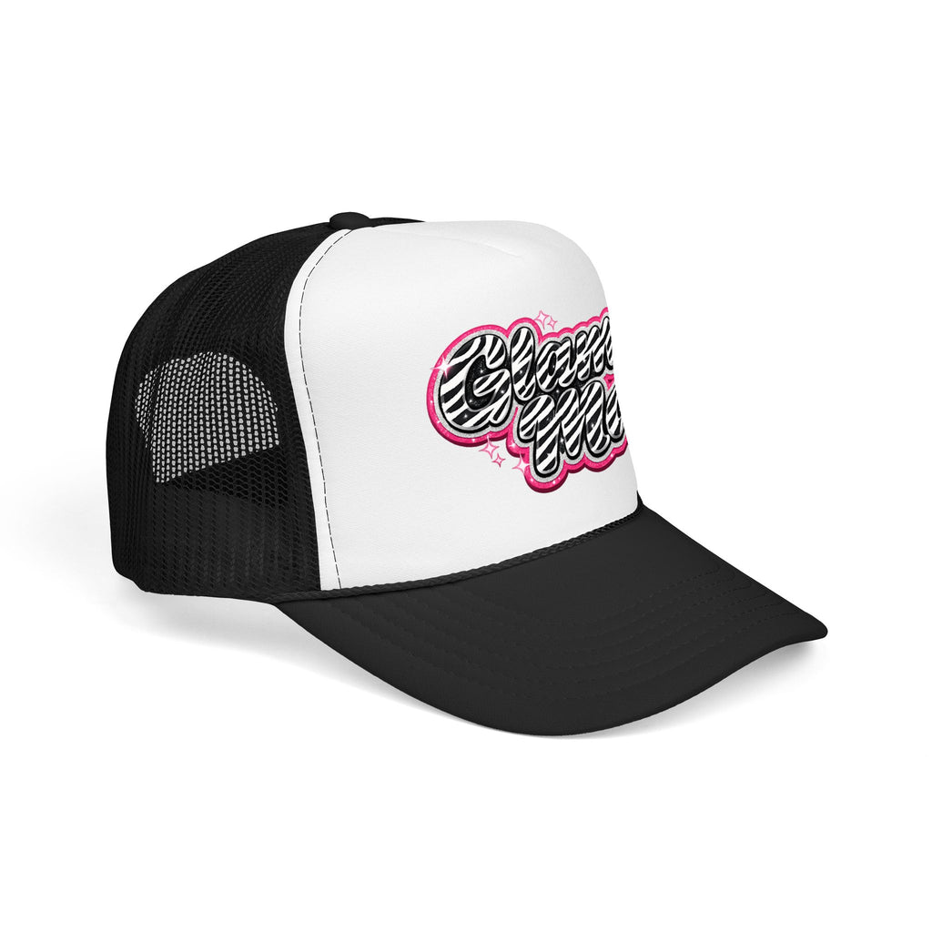 Zebra Script Foam Trucker Hat — Retro Pink Glitter "Glam Vibes" Cap