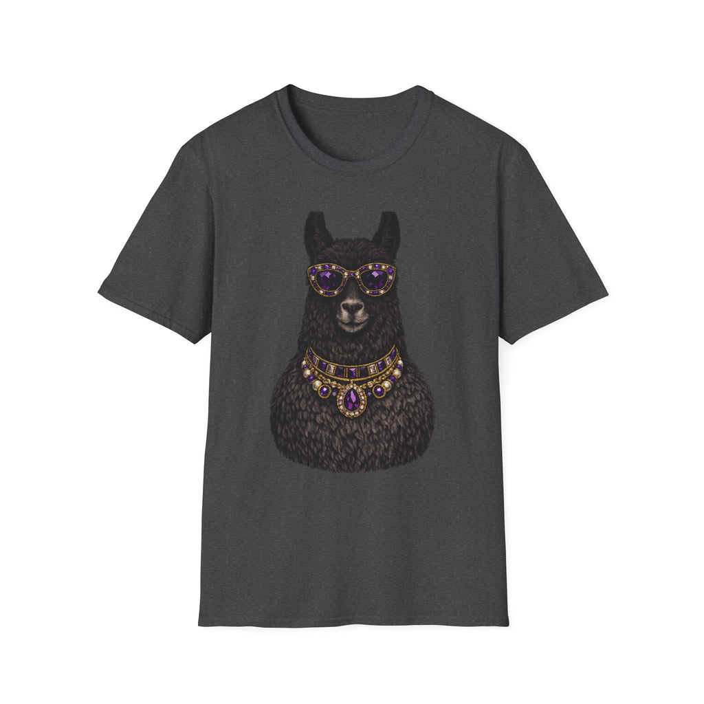 Llama Royalty T-Shirt — Black Llama with Jeweled Necklace & Sunglasses
