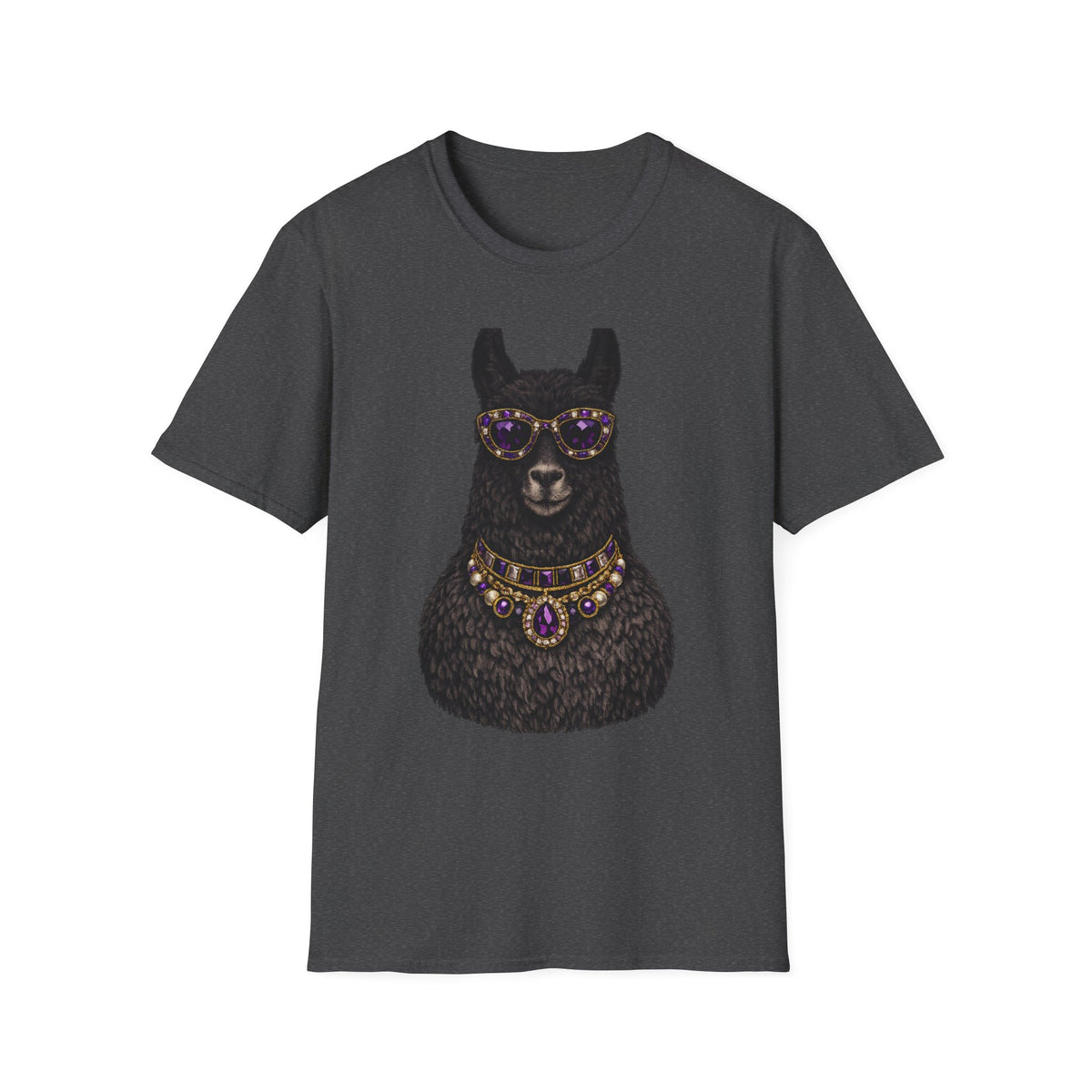 Llama Royalty T-Shirt — Black Llama with Jeweled Necklace & Sunglasses