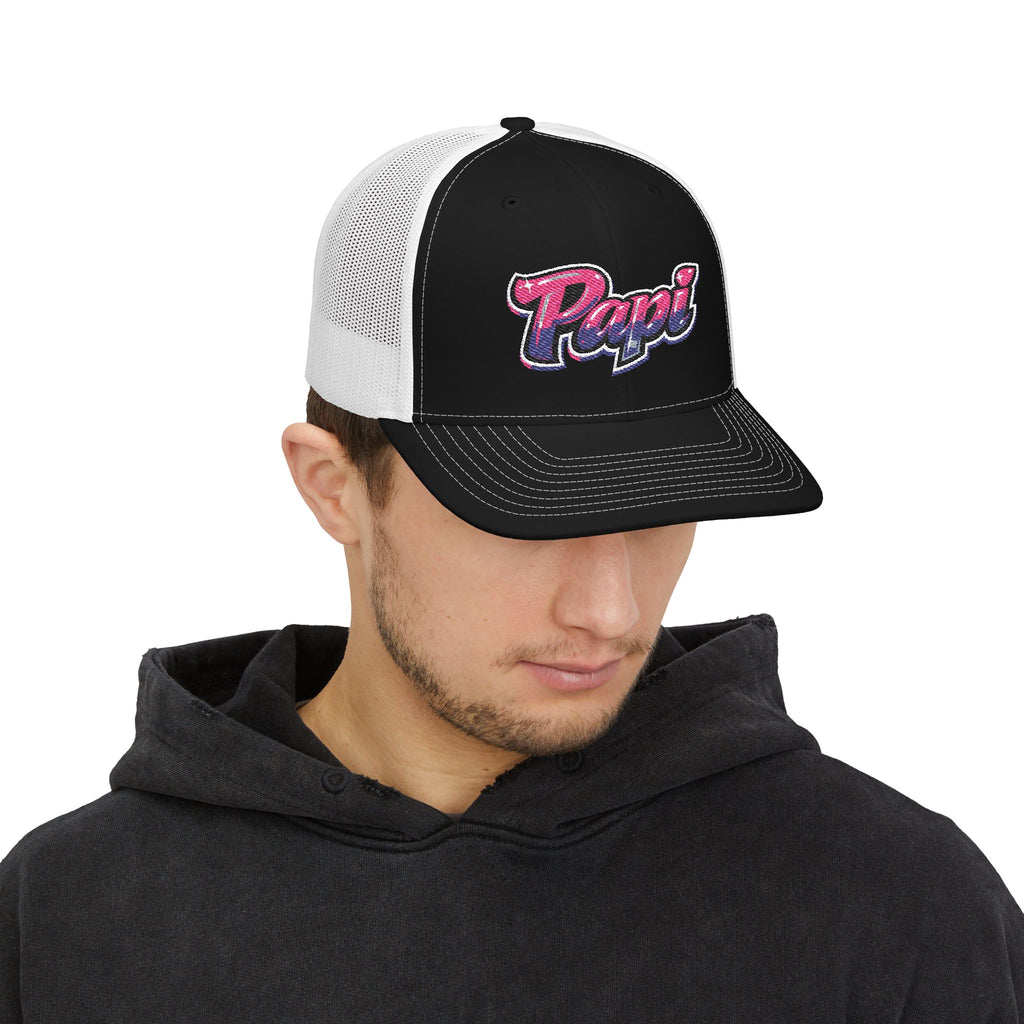 Papi Trucker Cap — Vintage Pink Script Snapback