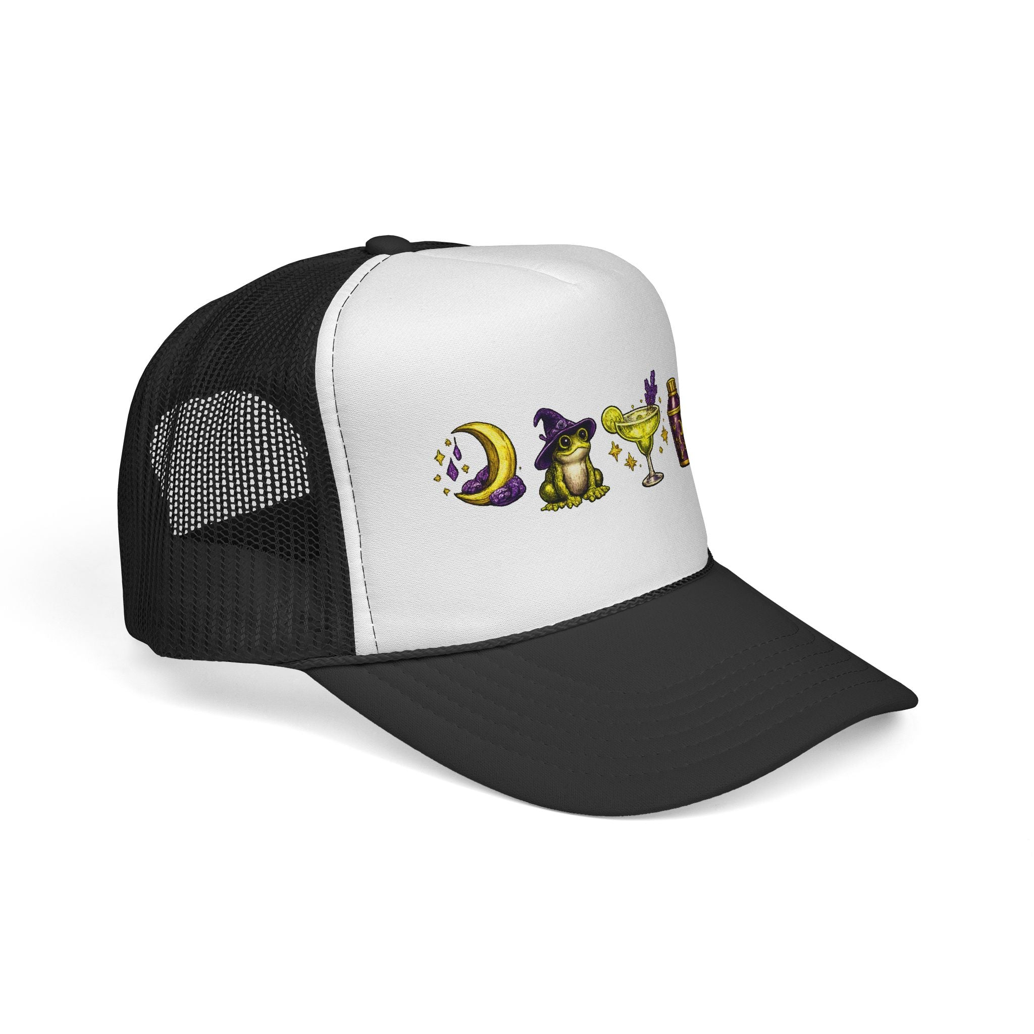 Witchy Icons Trucker Hat — Moon, Frog, Potion & Mushroom Design