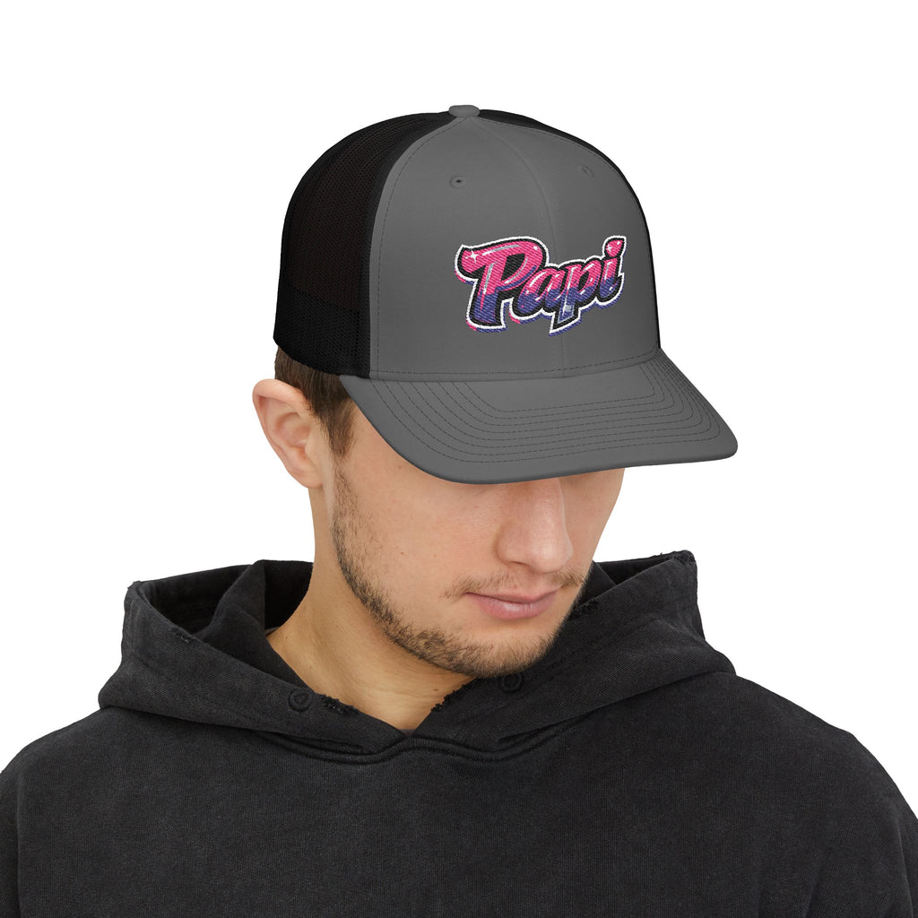 Papi Trucker Cap — Vintage Pink Script Snapback