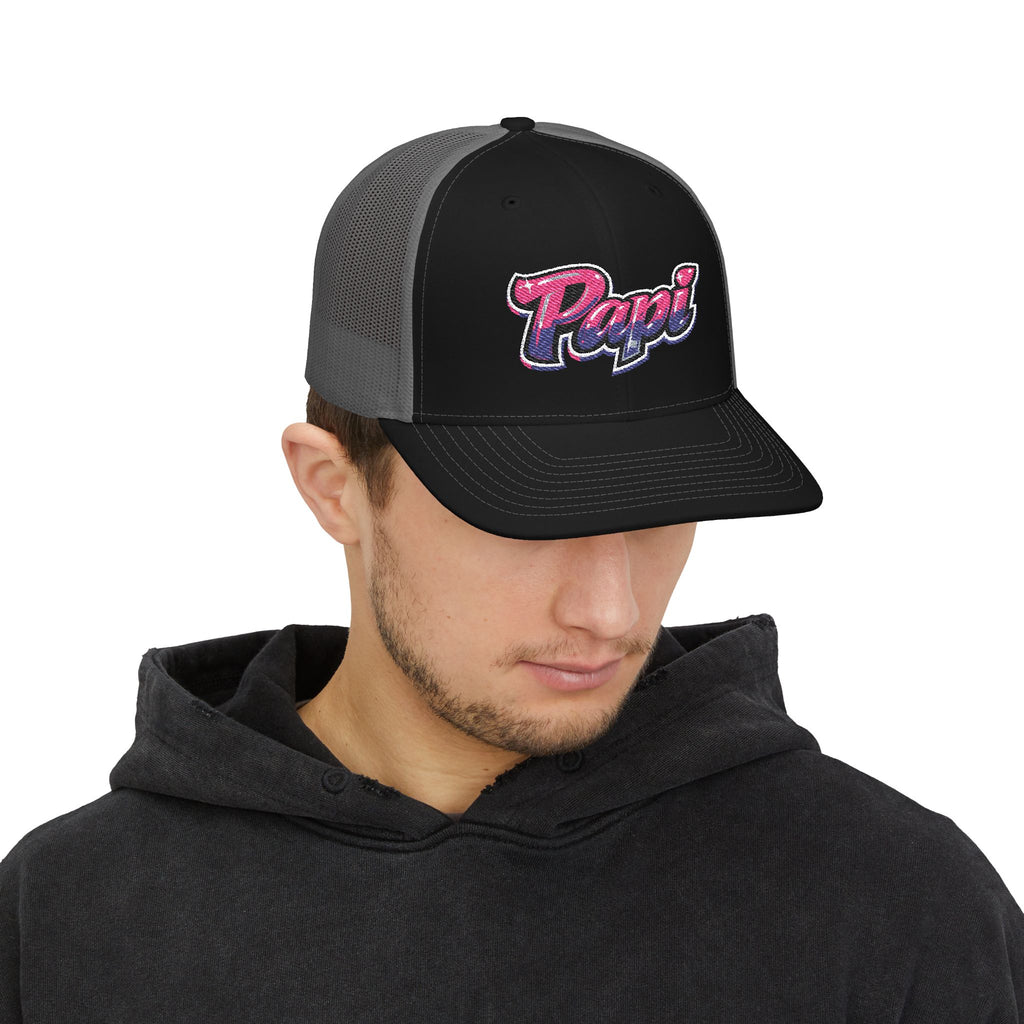 Papi Trucker Cap — Vintage Pink Script Snapback