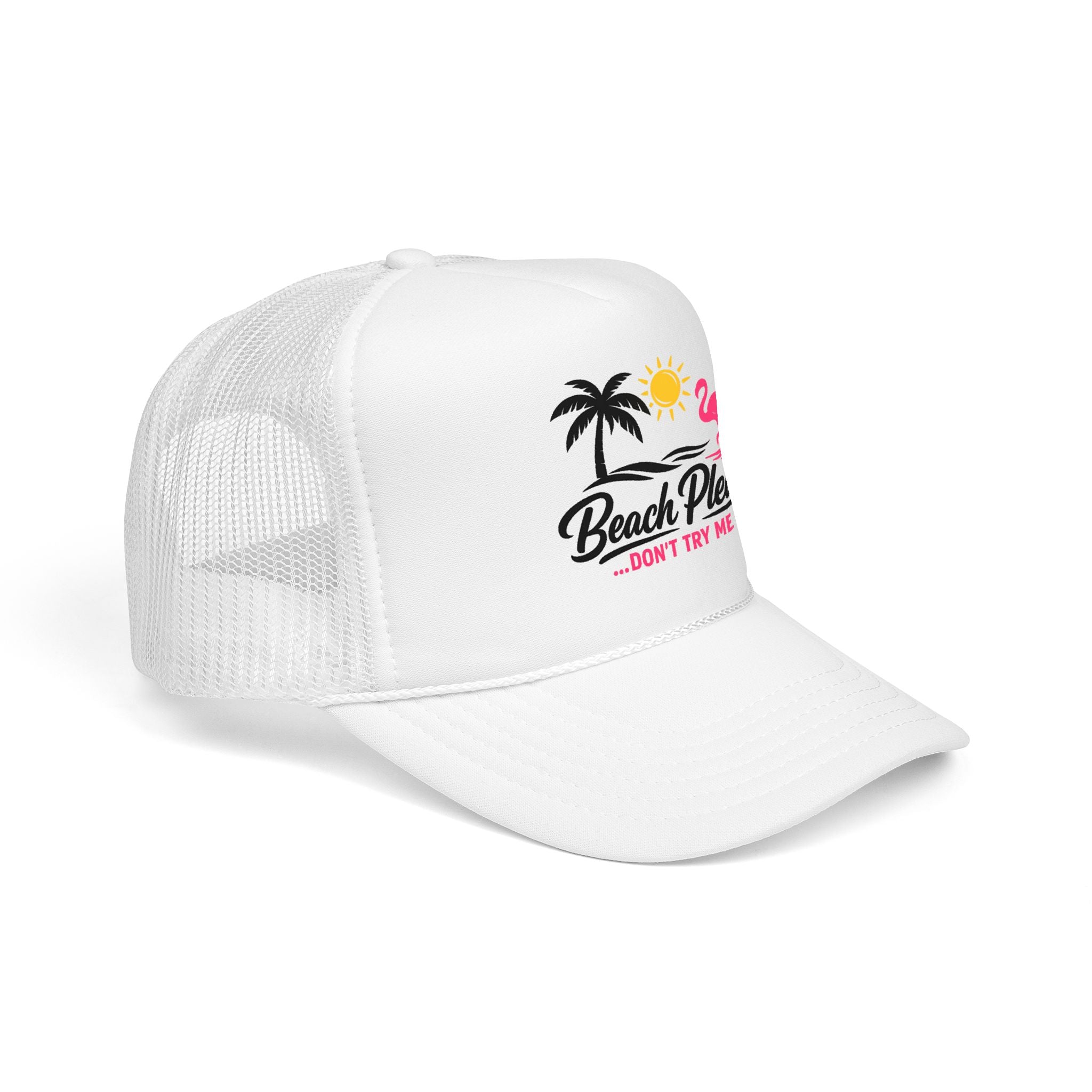 Beach Please Trucker Hat — "Don't Try Me" Tropical Flamingo Cap