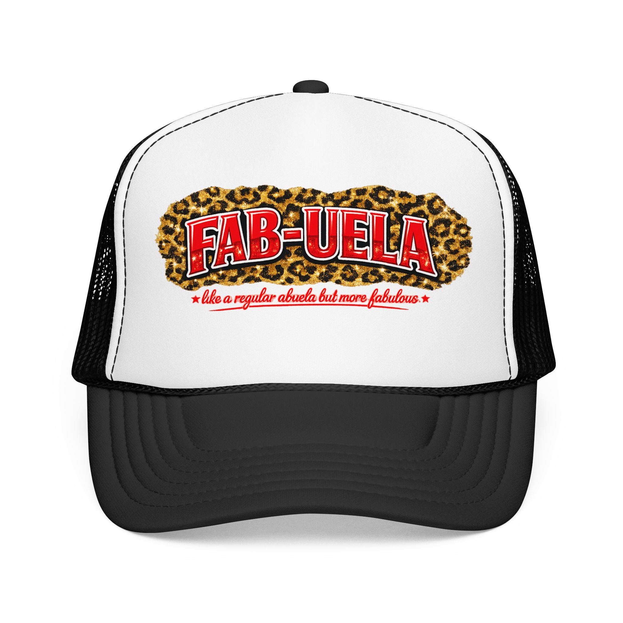 Fab-Uela Leopard Foam Trucker Hat — Funny Grandma Gift, Retro Leopard Print Trucker Cap