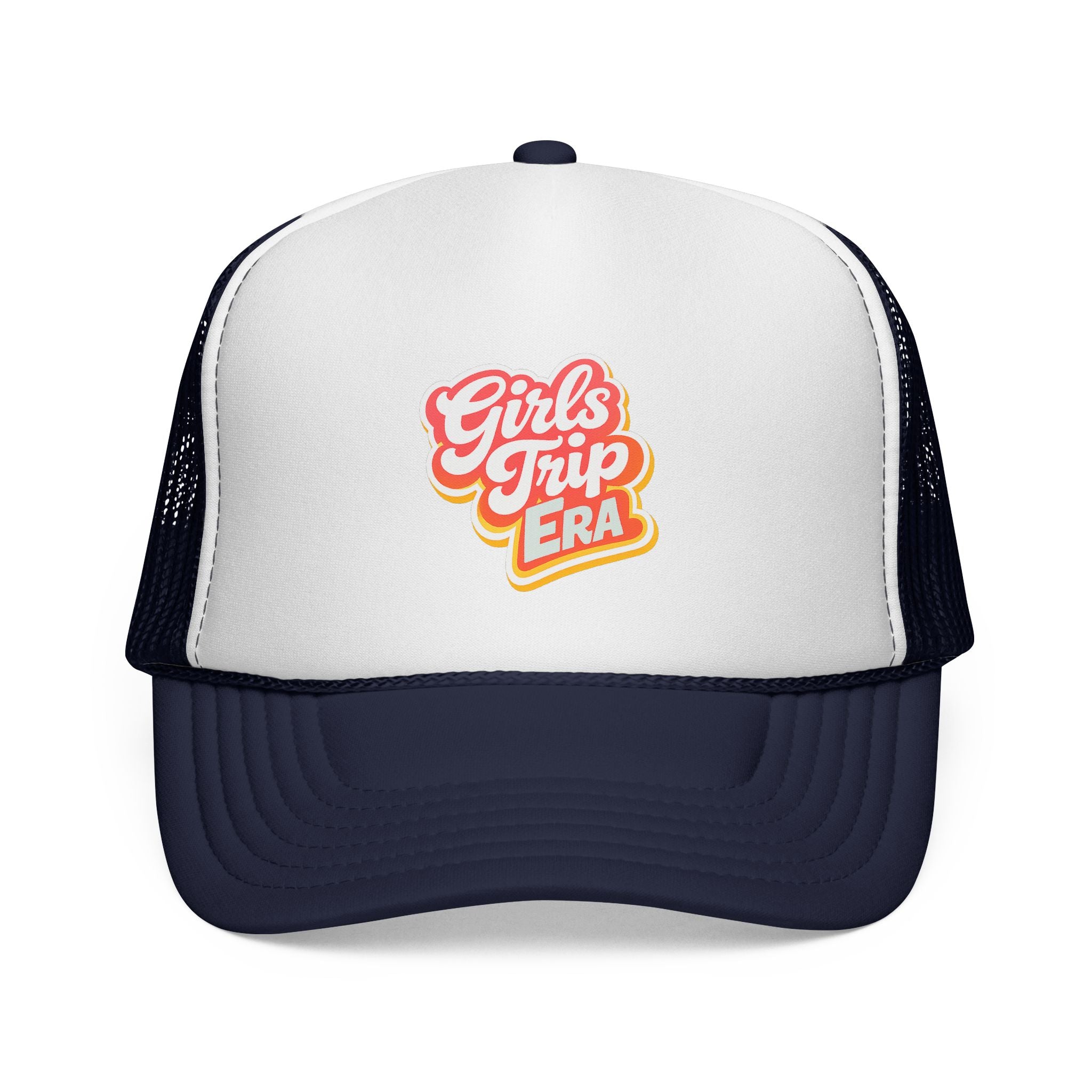 Girls Trip Era Trucker Cap — Retro Script Mesh Hat for Bachelorette & Travel