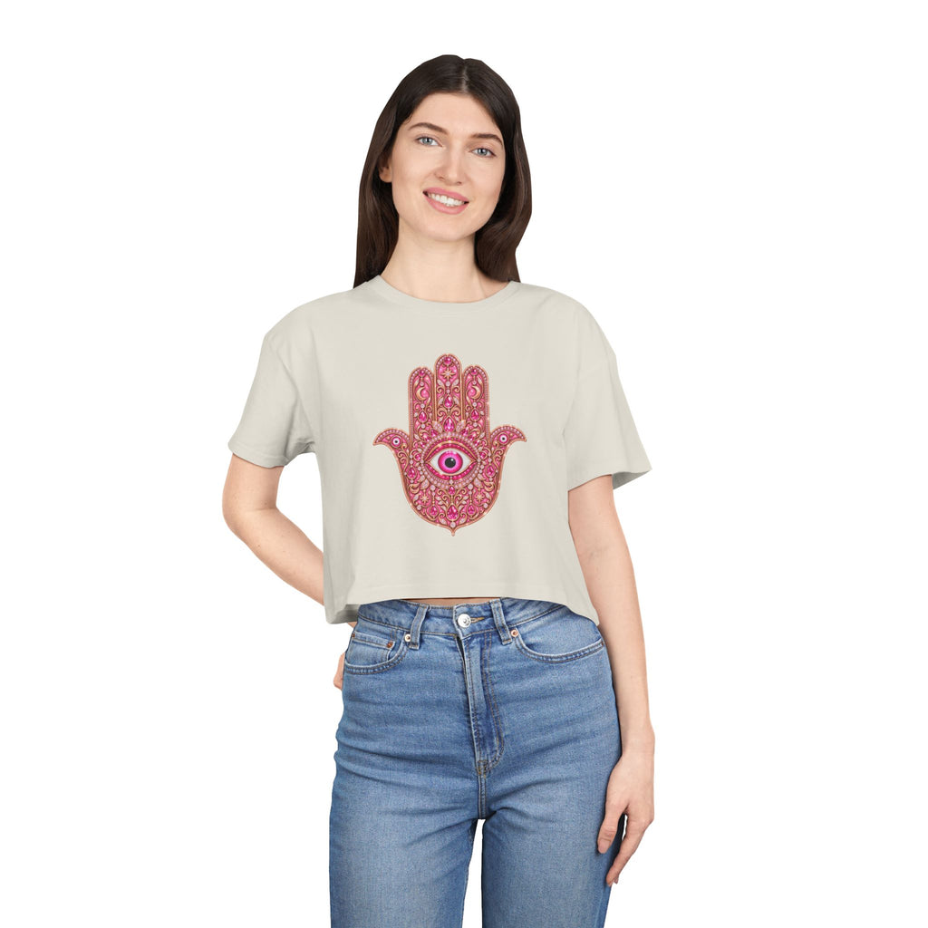 Women's Hamsa Hand Crop Tee – Pink Evil Eye Protection