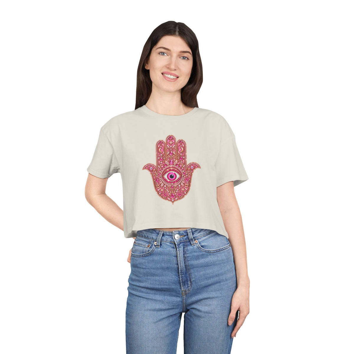 Women's Hamsa Hand Crop Tee – Pink Evil Eye Protection