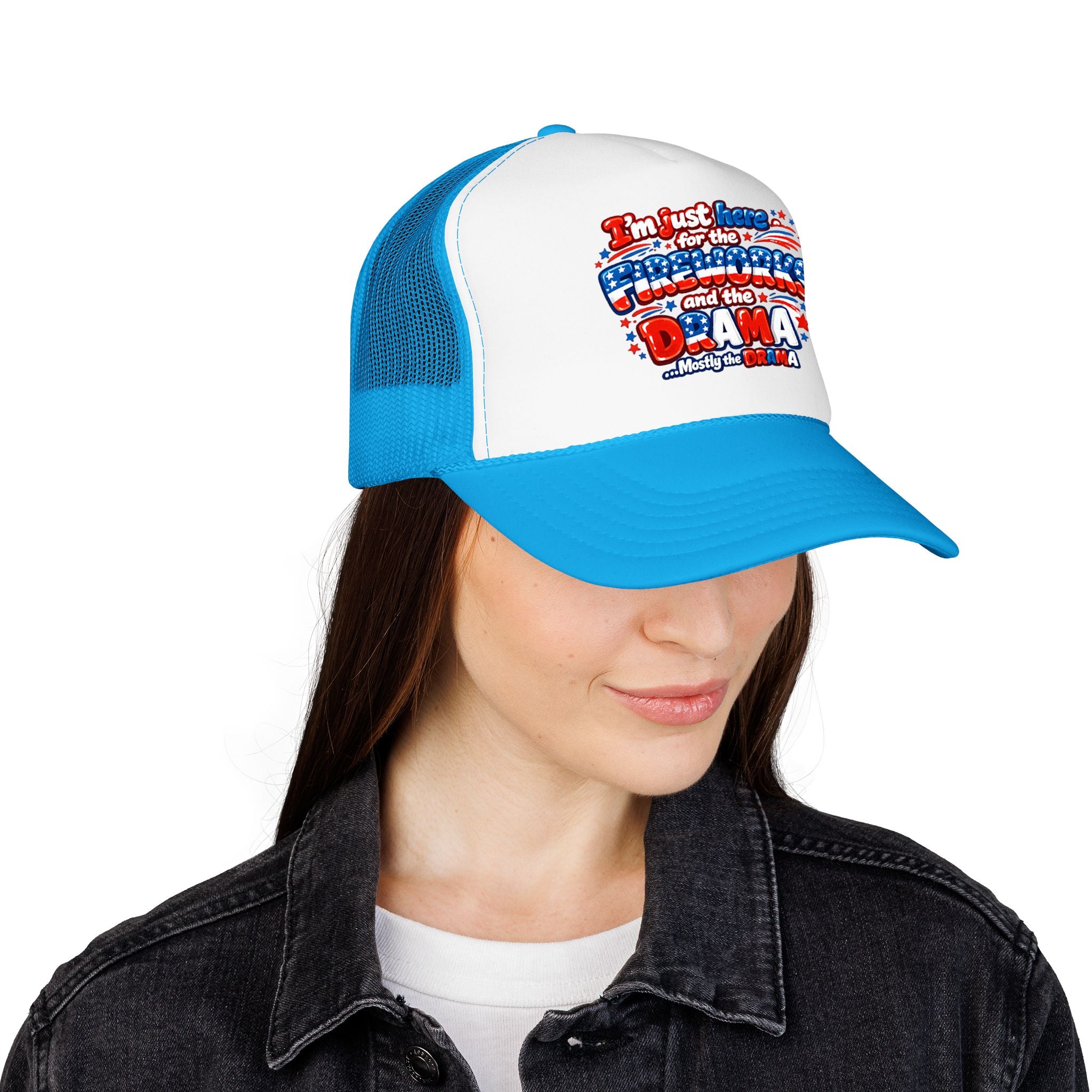 Patriotic Foam Trucker Hat – “Here for the Fireworks and the Drama” USA Fourth of July Cap