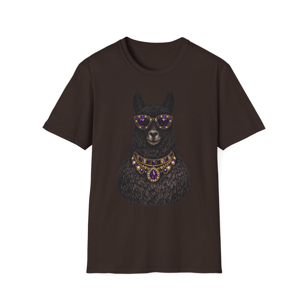 Llama Royalty T-Shirt — Black Llama with Jeweled Necklace & Sunglasses