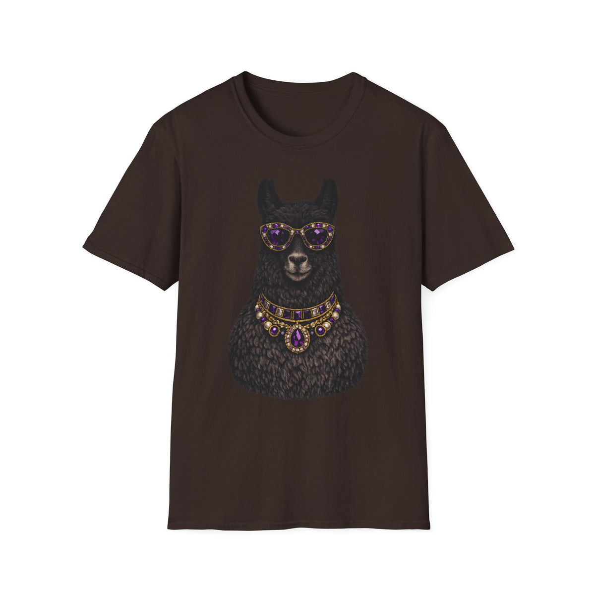 Llama Royalty T-Shirt — Black Llama with Jeweled Necklace & Sunglasses
