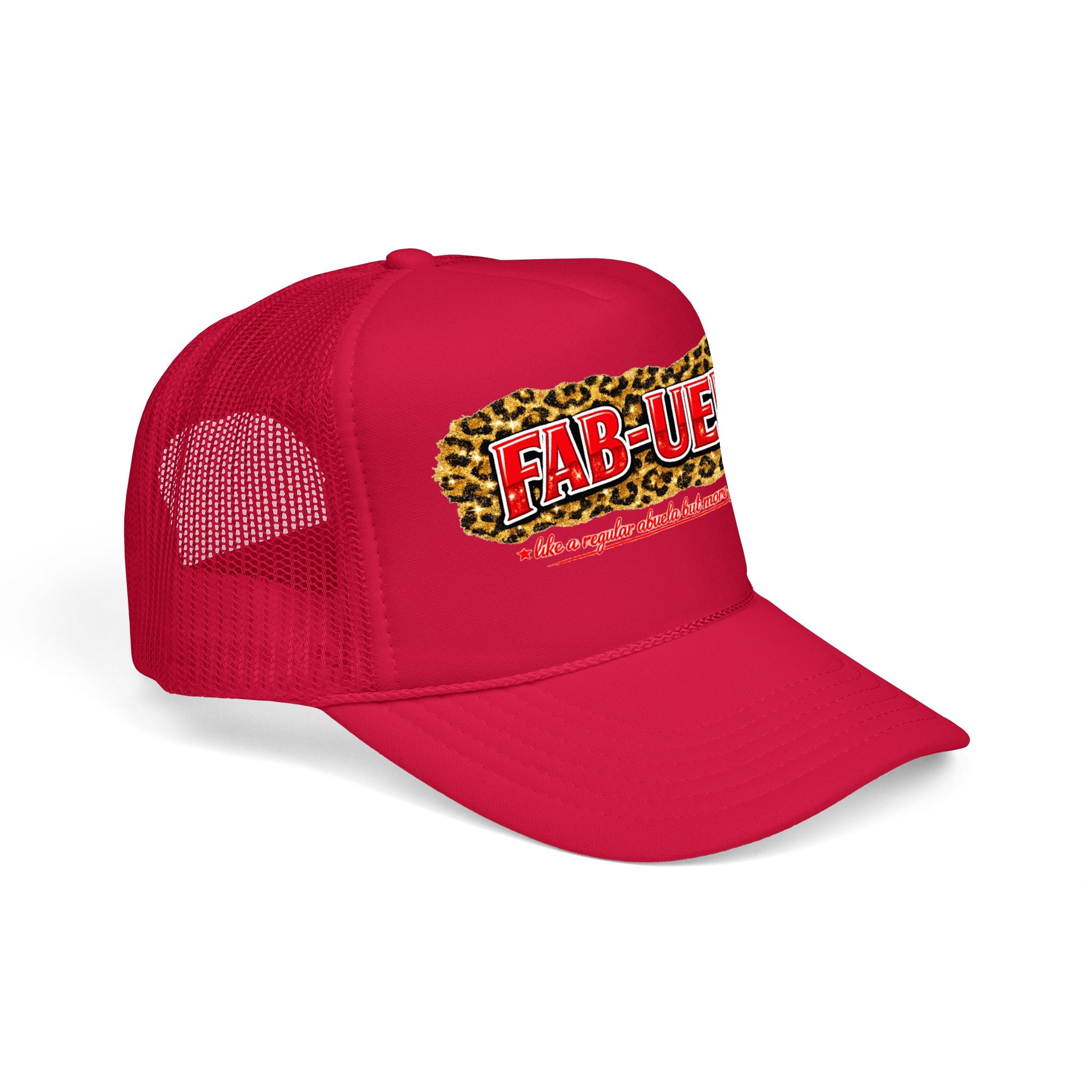 Fab-Uela Leopard Foam Trucker Hat — Funny Grandma Gift, Retro Leopard Print Trucker Cap