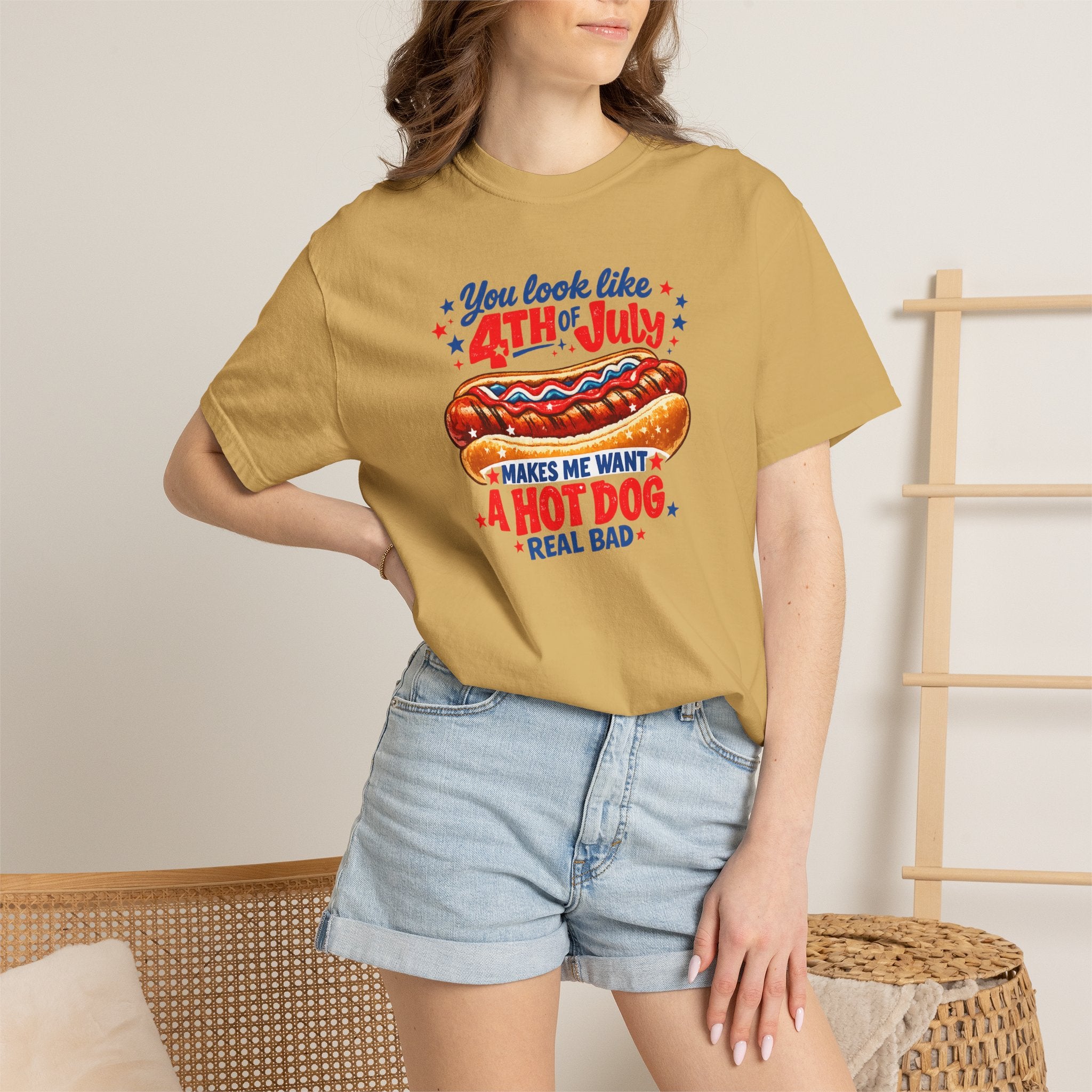 4th of July Hot Dog T-Shirt – "You Look Like 4th of July Makes Me Want a Hot Dog Real Bad"