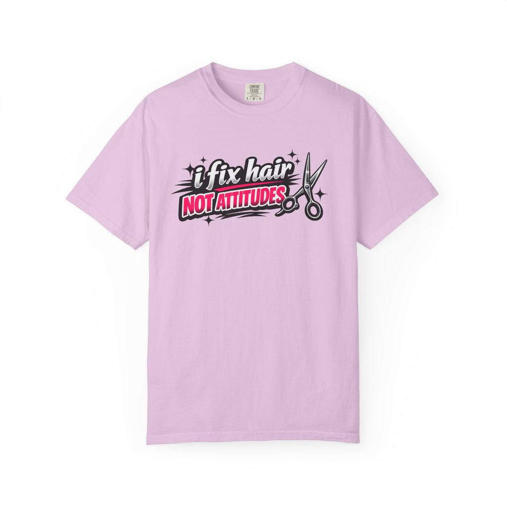 Hair Stylist T-Shirt — “I Fix Hair Not Attitudes” Scissors Graphic Tee