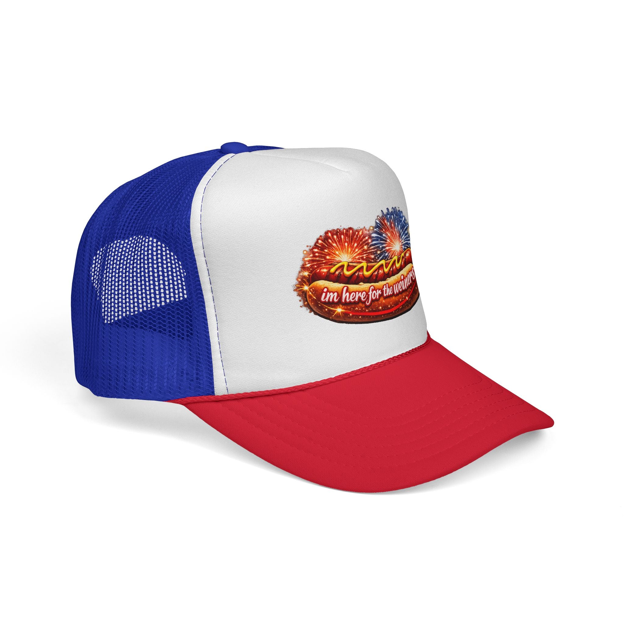 Trucker Cap — "I'm Here for the Weiners" Patriotic Hot Dog Hat with Fireworks