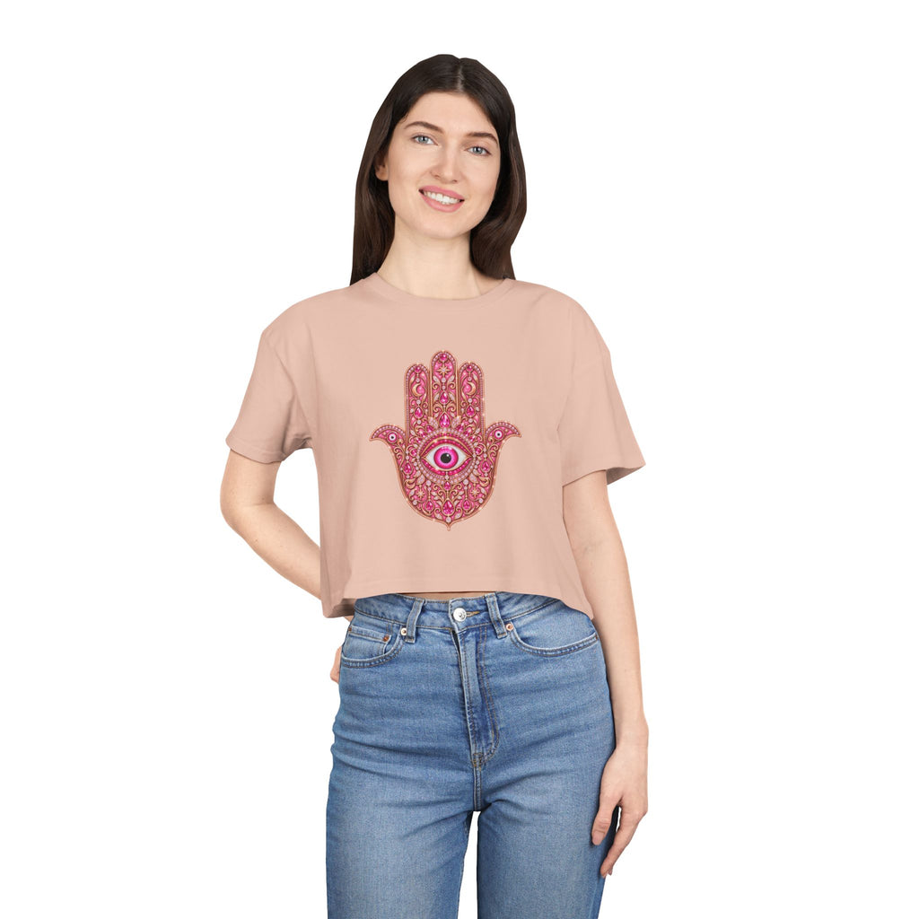 Women's Hamsa Hand Crop Tee – Pink Evil Eye Protection