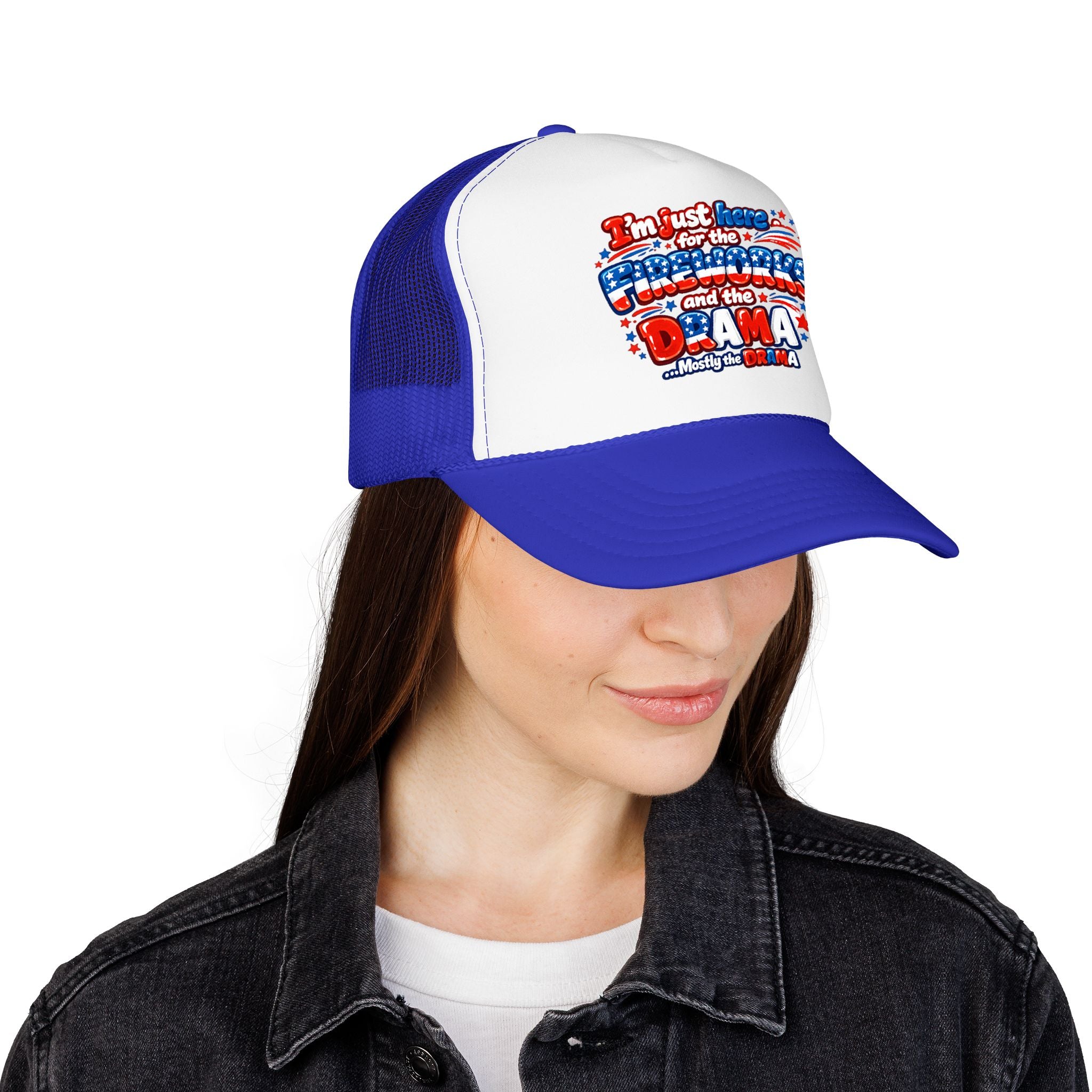 Patriotic Foam Trucker Hat – “Here for the Fireworks and the Drama” USA Fourth of July Cap
