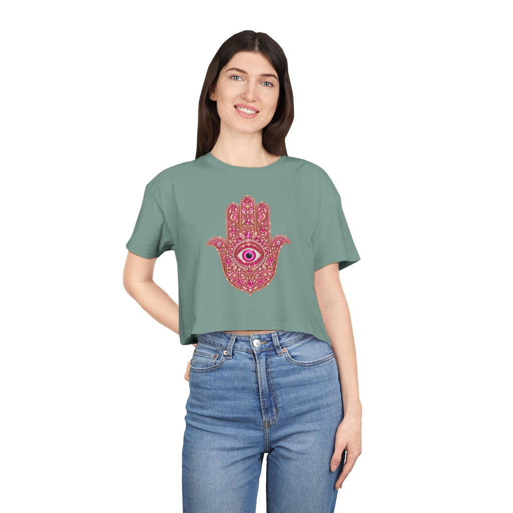 Women's Hamsa Hand Crop Tee – Pink Evil Eye Protection
