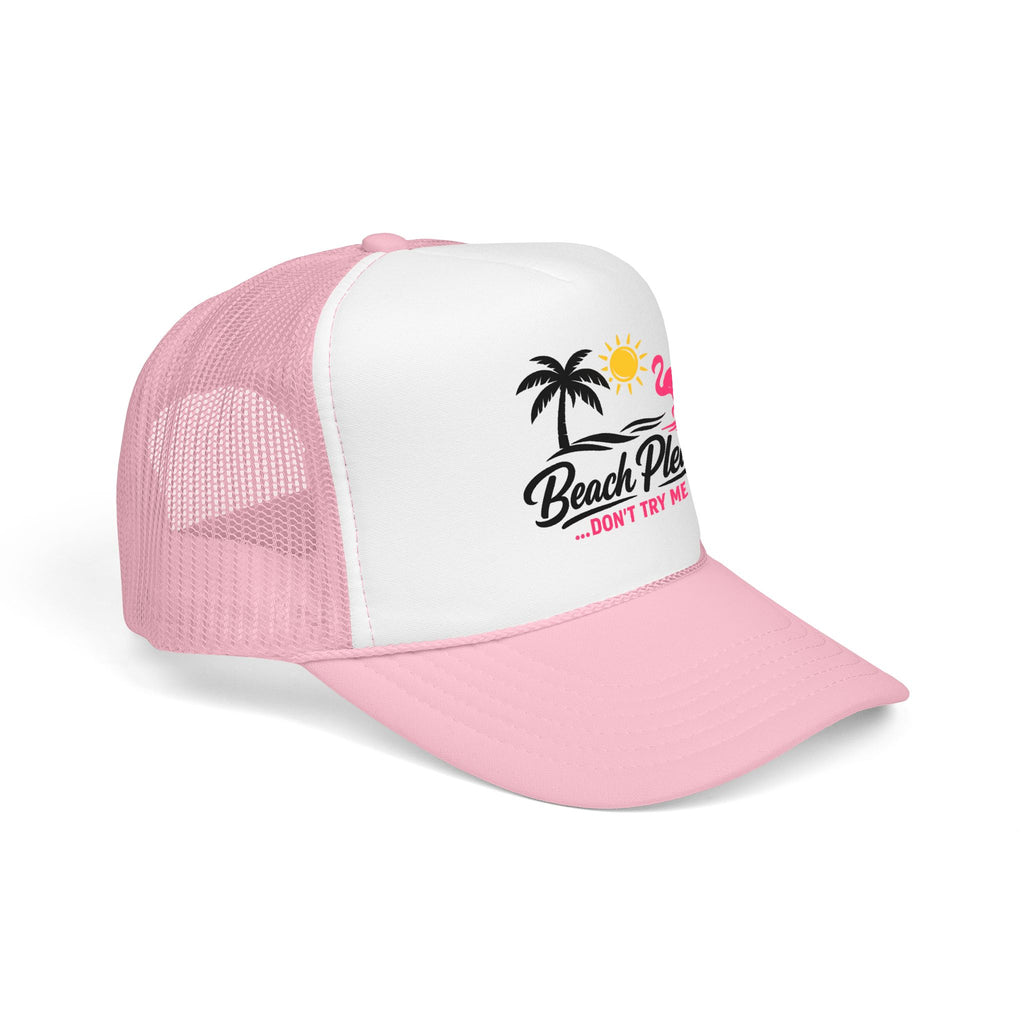 Beach Please Trucker Hat — "Don't Try Me" Tropical Flamingo Cap