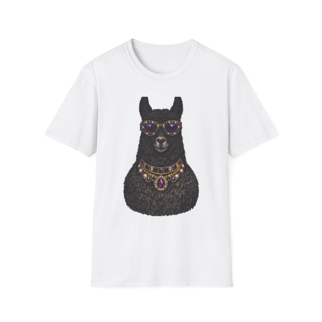 Llama Royalty T-Shirt — Black Llama with Jeweled Necklace & Sunglasses