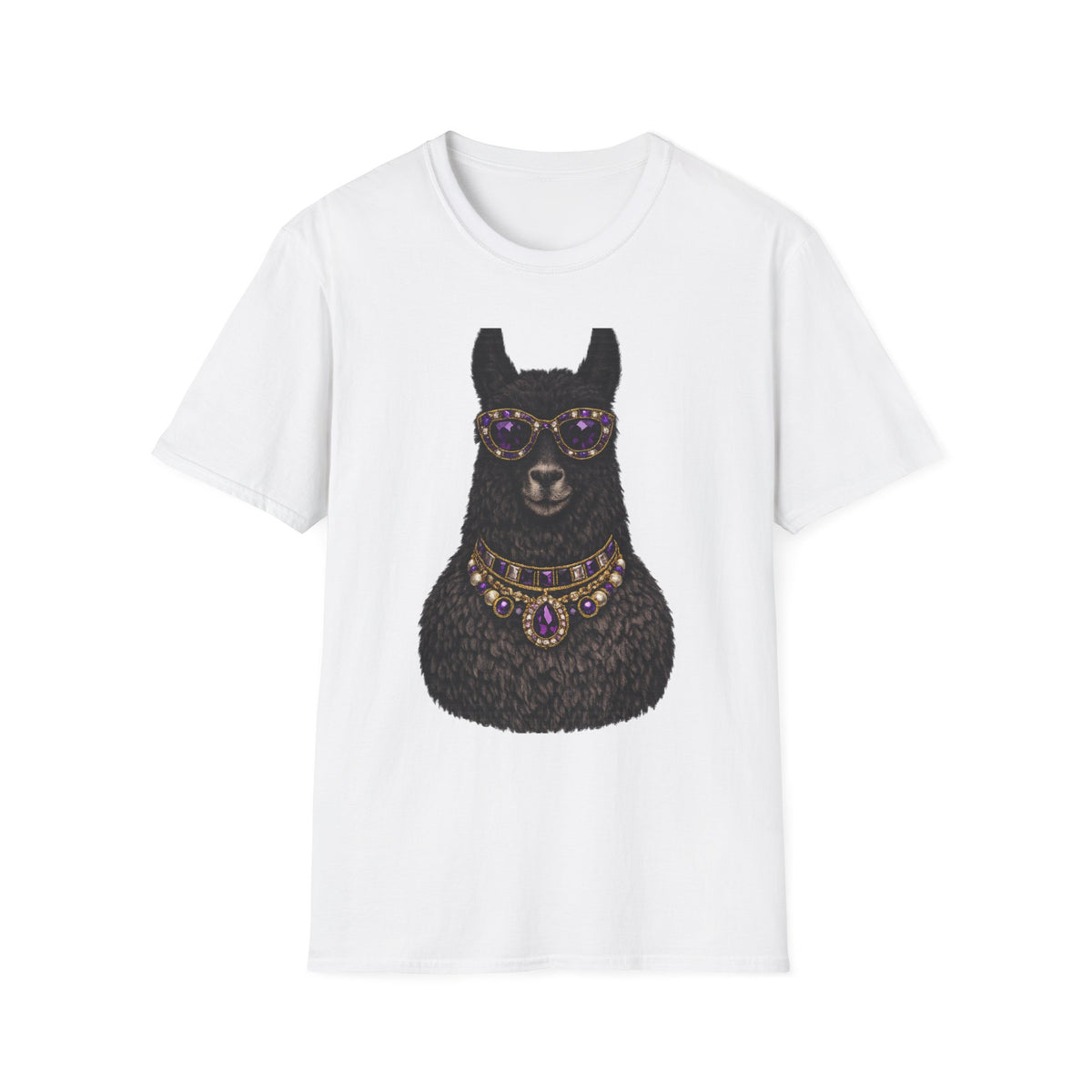 Llama Royalty T-Shirt — Black Llama with Jeweled Necklace & Sunglasses