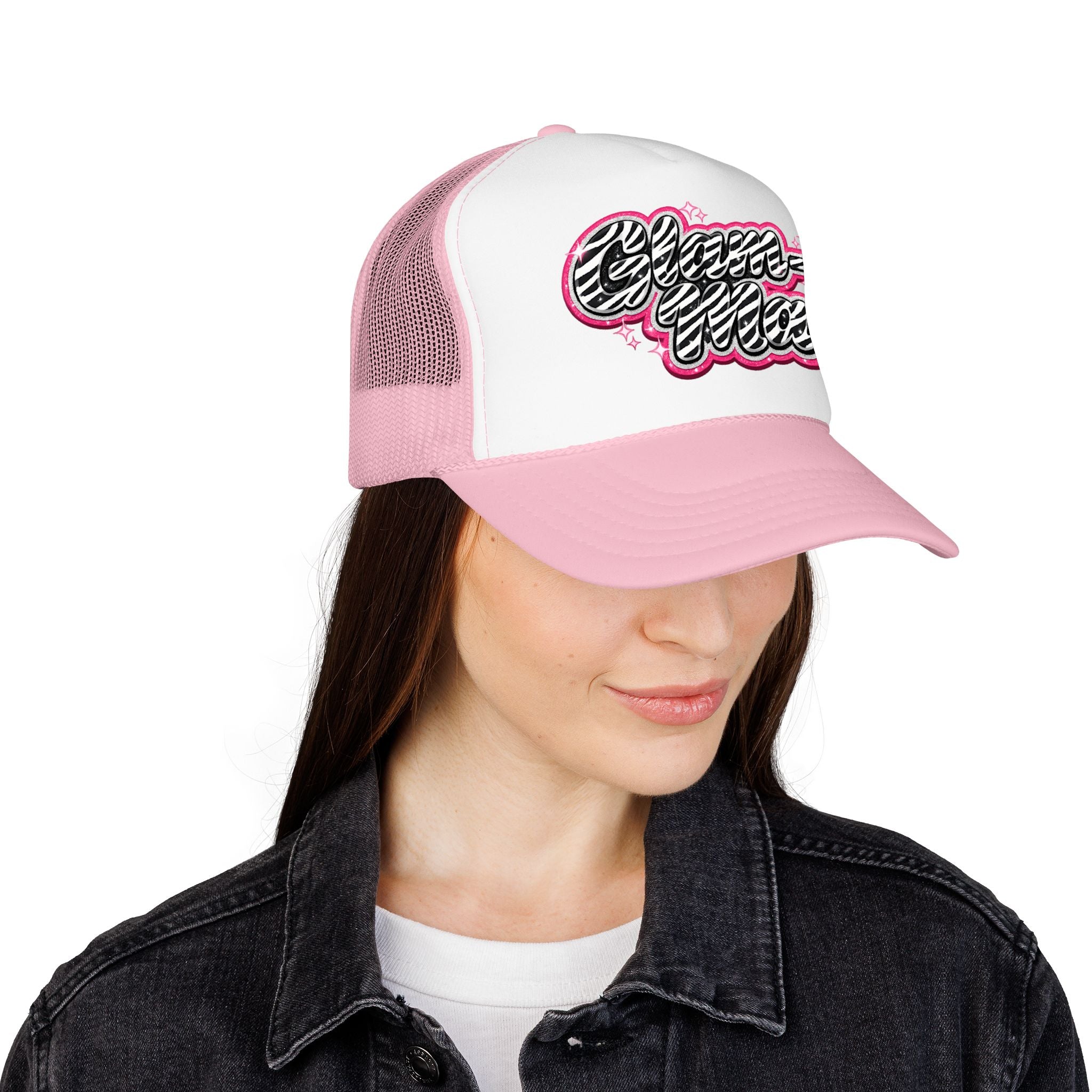 Zebra Script Foam Trucker Hat — Retro Pink Glitter "Glam Vibes" Cap
