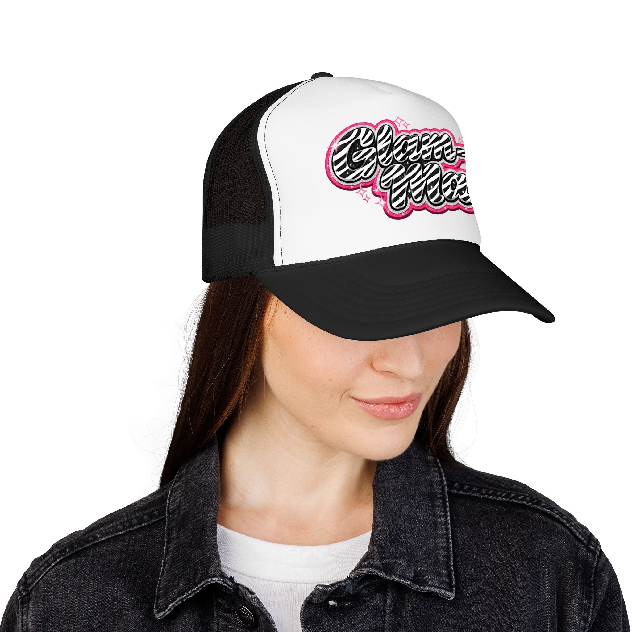 Zebra Script Foam Trucker Hat — Retro Pink Glitter "Glam Vibes" Cap