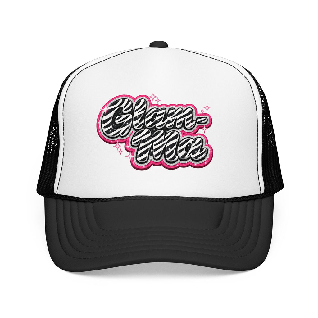 Zebra Script Foam Trucker Hat — Retro Pink Glitter "Glam Vibes" Cap
